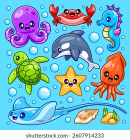 Cute Animal Sea Set Cartoon Vector Icon Illustration. Animal Nature Icon Concept Isolated Premium Vector. Flat Cartoon Style