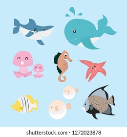 cute animal sea vector sharks, whales, jellyfish, reef fish, clown fish, star