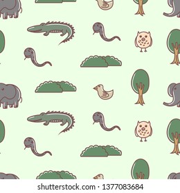 Cute animal seamless pattern, alligator, elephant, snake, owl