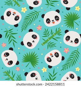 Cute animal seamless pattern with baby panda. Colorful vector illustration. Safari animal, tropical plants. Fun childish repeat design for children textile fabric print, wallpaper, wrapping paper.