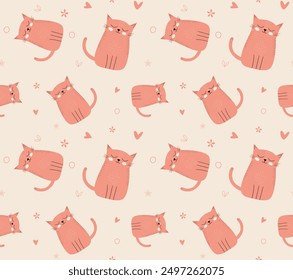 Cute Animal Seamless pattern with Doodle Pink Cat. Hand drawn element. Simple childish drawing kitten and Heart shape. Hand drawn repeated Vector illustration for wallpaper, textile, packaging