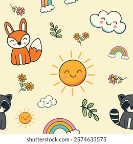 Cute Animal Seamless Pattern. Cute Fox, Raccoon, Sun, Cloud and Flowers Seamless Pattern. Whimsical Nature Seamless Pattern. Best for fabric, textile, paper, banner, card and poster.