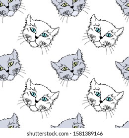Cute animal seamless pattern with gray and white cats. Hand drawn sketch style. Vector illustration
