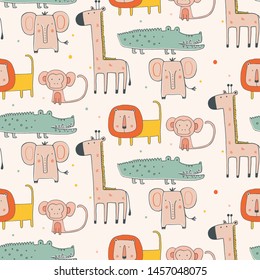 Cute animal seamless pattern. hand drawn vector illustration. Giraffe,Elephant,crocodile,monkey.
