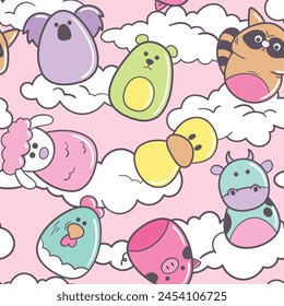 Cute animal seamless pattern. Hand-drawn animal background with a koala, bear, raccoon, sheep, duck, chicken, cow and pig, suitable for kids appeal, wallpapers and backgrounds.