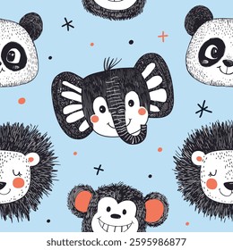 Cute Animal Seamless Pattern with Hand-Drawn Jungle Creatures. For kids textiles, wallpapers, and playful designs.