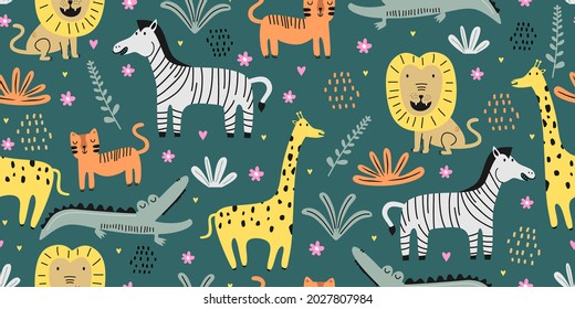 Cute animal seamless pattern with jungle drawing. Hand drawn floral animal seamless pattern on the white background. Exotic jungle wallpaper.