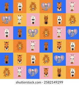 Cute animal seamless pattern. Kids geometric background with stylized wild animal characters. Hand drawn flat design vector illustrations.