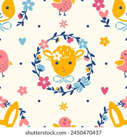 Cute animal seamless pattern. Little lamb, birds and baby bunny among the flowers. Baby Birthday or kids party vector background. Adorable textile or fabric