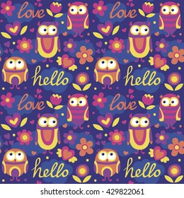 Cute animal seamless pattern made with owls, flowers, nature, plants, leaves, circles, hello, love