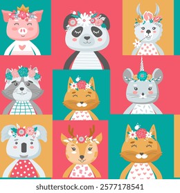 Cute animal seamless pattern. Panda, cat and deer in a flower crown. Vector illustration is suitable for printing on fabric and paper.