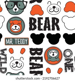 Patrón de animales sin soldadura. Ilustración vectorial de fondo del patrón de oso de peluche.