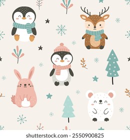 Cute animal seamless pattern. Winter cartoon animal. Use for prints, textiles, fabric, wallpaper, stationery, nursery, wrapping