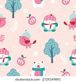 Bonito animal sem costura padrão. Animal de desenho animado de inverno. Uso para impressões, têxteis, tecido, papel de parede, papelaria, berçário, embalagem
