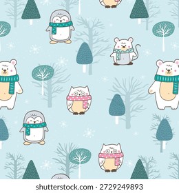 Cute animal seamless pattern. Winter cartoon animal. Use for prints, textiles, fabric, wallpaper, stationery, nursery, wrapping
