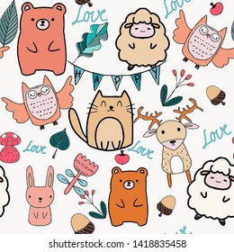 Cute animal seamless pattern,illustration vector by freehand doodle comic art,for textile print or card background