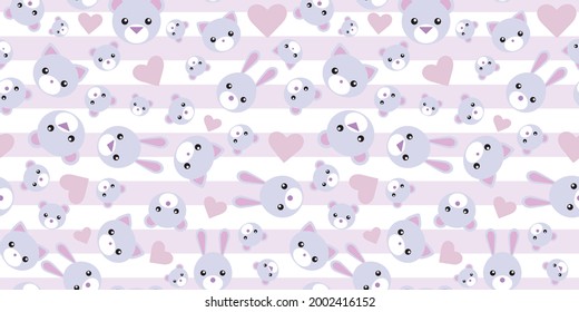Cute animal seamless repeat pattern background, endless repeating wallpaper, cute girly cartoon pattern with cats, bears and rabbits.