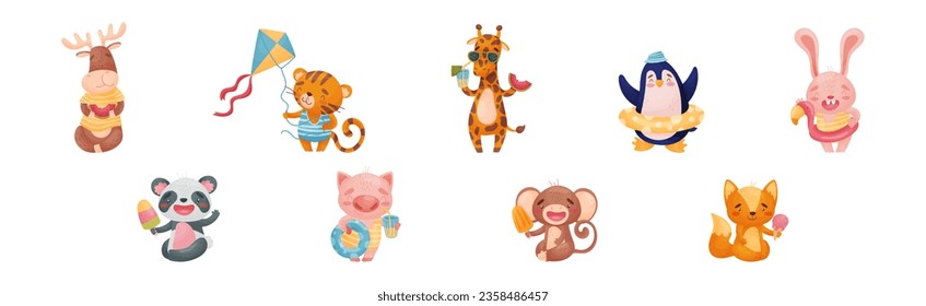 Cute Animal at Seaside at Summer Having Rest Vector Set