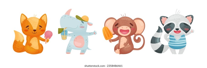 Cute Animal at Seaside at Summer Having Rest Vector Set