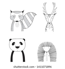 Cute animal series consisting of fox, panda and deer on a white background.Doodle art concept,illustration painting