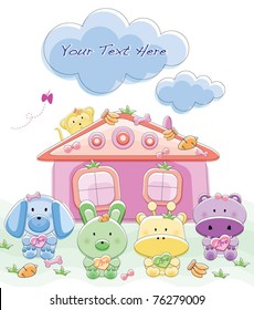 Cute animal set with background,dog,rabbit,giraffe,monkey and hippo.