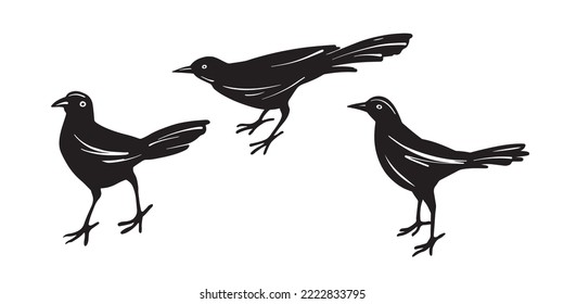 Cute Animal set with black birds. Hand drawn sketch style. Isolated on white background. Vector illustration.