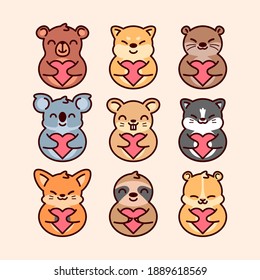 CUTE ANIMAL SET BRINGS A HEART. VALENTINE DAY ILLUSTRATION