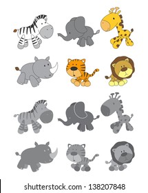 cute animal set in color and silhouette
