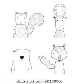 Cute animal set consisting of squirrels, bears and foxes on a white background.Doodle art concept,illustration painting
