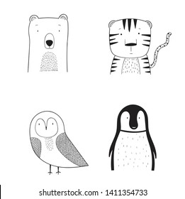 
Cute animal set consisting of tiger, bird and penguin on a white background.Doodle art concept,illustration painting