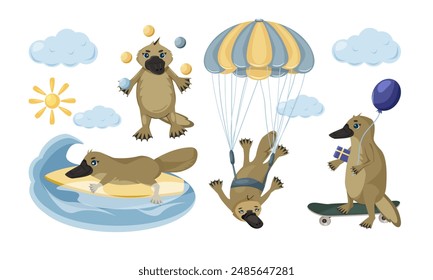 Conjunto de animales lindos para niños. Ilustración vectorial de ornitorrinco. Platypus en una patineta. El ornitorrinco hace malabares con pelotas. Platypus con un paracaídas. Duckbill surfea y atrapa una ola.