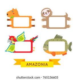 Cute animal set. Exotic amazon animal frames. Kid frame vector. Vector animals. Capybara and parrot, sloth, piranha. Vector animals. Animals isolated