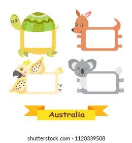 Cute animal set. Exotic australian animal frames. Kid frame vector. Vector animals. Turtleand parrot, koala, kangaroo. Vector animals. Animals isolated