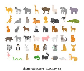 Cute animal set with farm and wild character. Cat and lion, elephant and monkey. Zoo collection. Isolated flat vector illustration