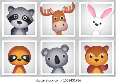 cute animal set in frame for little kids,vector pictures isolated on white background.