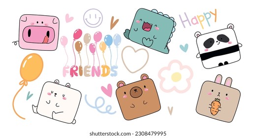 Cute animal set. Happy Birthday set. Animal, ballons, words, hearts, flower. Vector illustration.