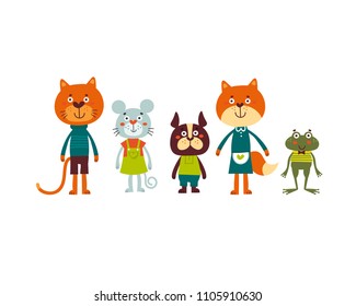 Cute animal set including cat, mouse, dog, fox and frog. Cartoon vector illustration