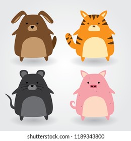 Cute animal set including dog, cat, rat, pig. Vector Illustration.
