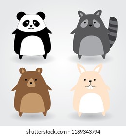 Cute animal set including panda, ferret, bear, rabbit. Vector Illustration.