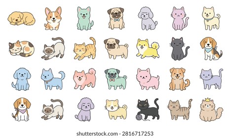 Cute animal set including playful puppies and kittens in many colors and breeds. Flat vector graphics of pets sleeping playing with yarn and sitting calmly. Professional character designs for mobile games and children stationery and animal welfare campaigns and pet stores.