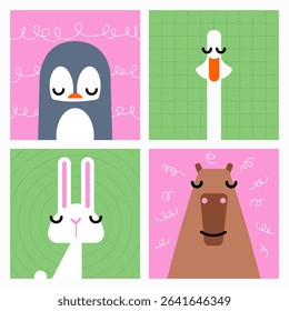 Cute animal set for kids and babies, colorful poster for children's room, greeting cards. Interesting shapes in scandinavian style, vector illustration.