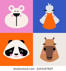 Cute animal set for kids and babies, colorful poster for children's room, greeting cards. Interesting shapes of bear, goose, panda and cabybara in scandinavian style, vector illustration.