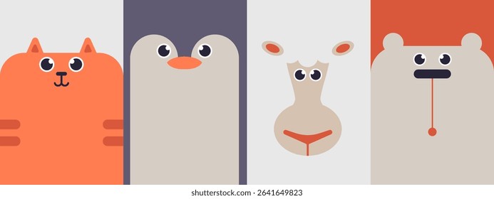 Cute animal set for kids and babies, colorful poster for children's room, greeting cards. Interesting faces of cat, penguin, sheep and bear in scandinavian style, vector illustration.