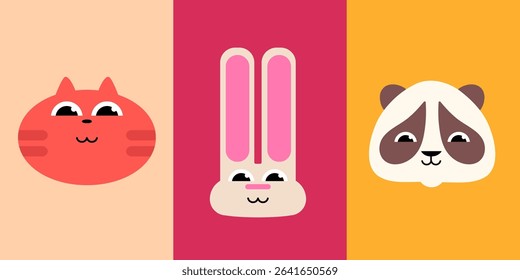 Cute animal set for kids and babies, colorful poster for children's room, greeting cards. Funny faces of cat, rabbit and panda in scandinavian style, vector illustration.