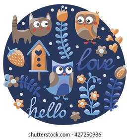 Cute animal set made with owls, love, hello, flowers, nature, berries, plants, hearts