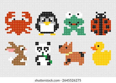Cute animal set in pixel bead style. Includes crab, penguin, frog, ladybug, rabbit, panda, dog, and duck. Perfect for kids' crafts and educational projects.