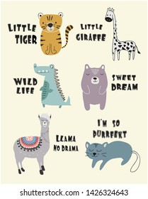 cute animal set print. childish vector illustration for kids t shirt,clothes,fabric