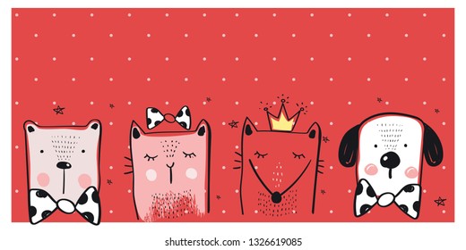 Cute animal set. puppy, cat , bear and fox. Cartoon hand drawn vector illustration..Can be used for t-shirt print, kids wear fashion design, baby shower invitation card. 