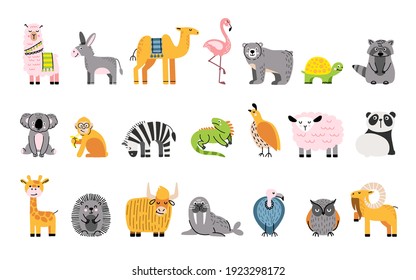 Cute Animal Set With Raccoon, Bear, Quail, Sheep, Vulture And Flamingo. Farm  And Wild Zoo Characters. Doodle And Cartoon Vector Illustration.