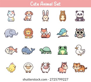 Nettes Tierset Vektor Cartoon Icons Kawaii Haustiere Farm und Wildtiere Kollektion. Perfekt für Kinderdesign, Kindergartenkunst, Aufkleber, Plakate, Unterrichtsmaterialien, Apps und spielerisches Branding.